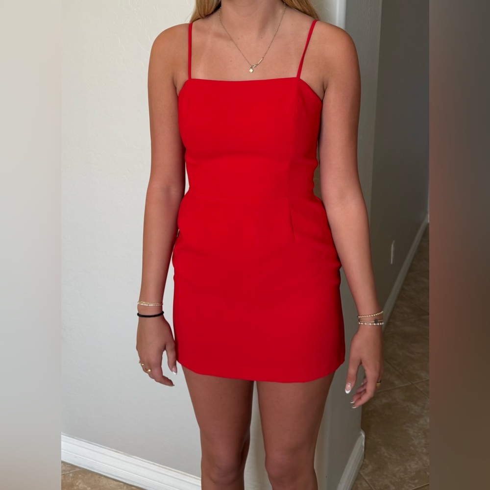 Amanda Uprichard Red Square-Neck Spaghetti Strap Mini Dress